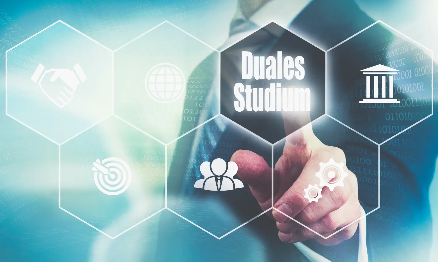 Ein Geschäftsmann drückt den Knopf „Duales Studium“.